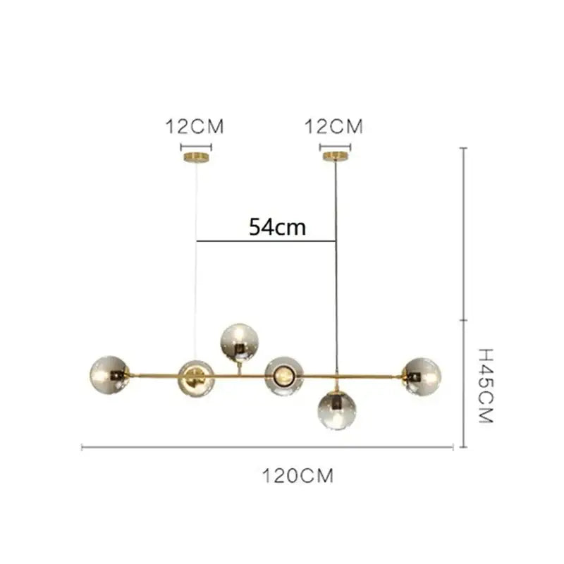 Modern brass and black art glass ball chandelier with five spherical globes for living room lighting