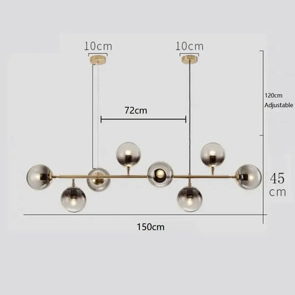 Modern brass and black art glass ball chandelier with seven spherical globes for stylish living room lighting