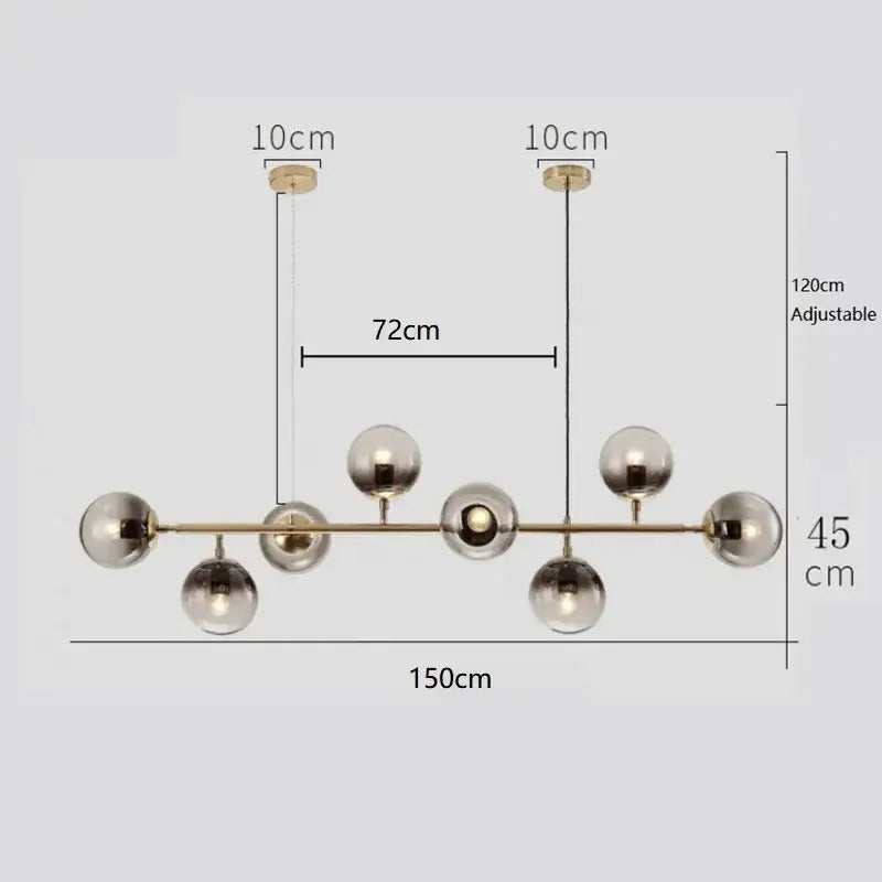 Modern brass and black art glass ball chandelier with seven spherical globes for stylish living room lighting