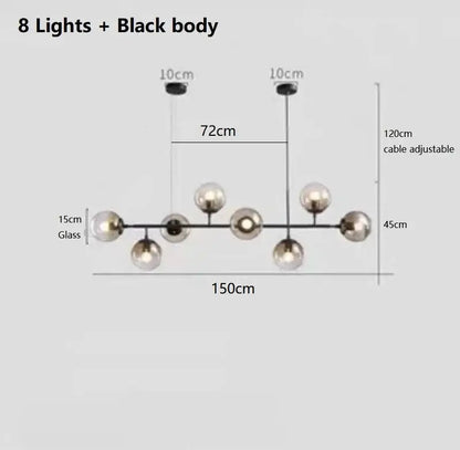 Modern black metal chandelier with eight spherical glass globe lights.