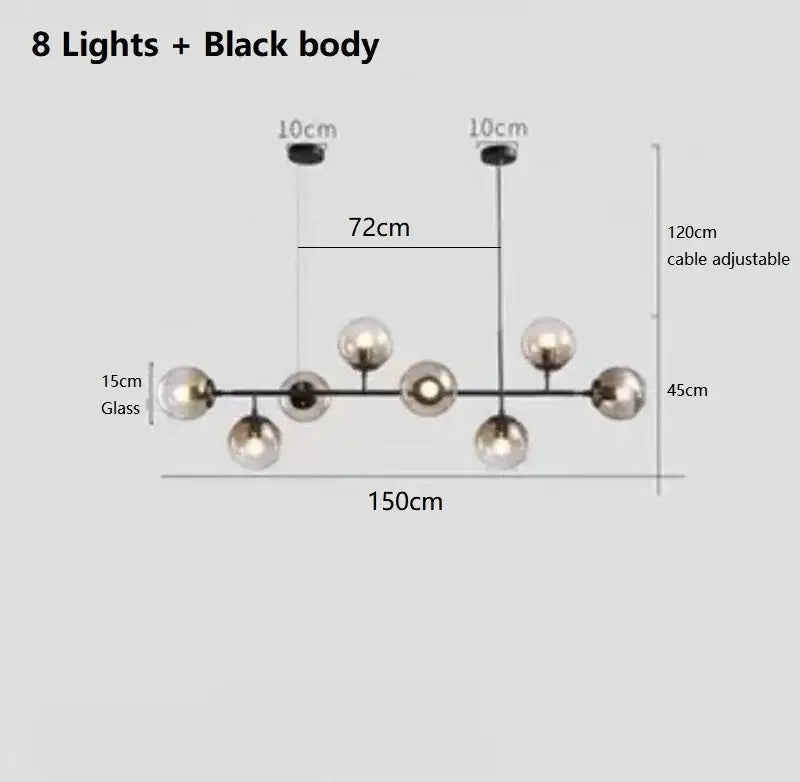 Modern black metal chandelier with eight spherical glass globe lights.