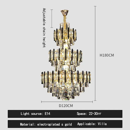 Modern brass and black crystal hollow villa chandelier with gold electroplated frame and clear crystal prisms, 180cm tall