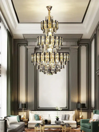 Modern brass and black crystal hollow villa chandelier with multi-tiered clear and darkened glass prisms for living room decorbites crystal hollow