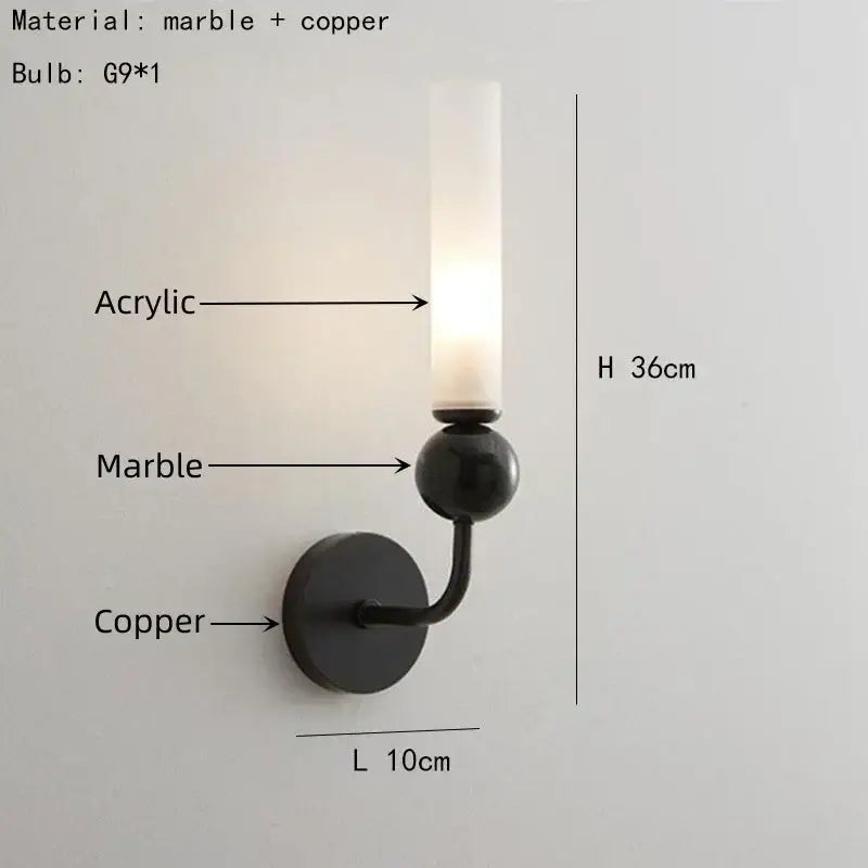 Modern brass and black decorbites foyer hallway lamp with black marble and copper wall sconce and frosted acrylic shade