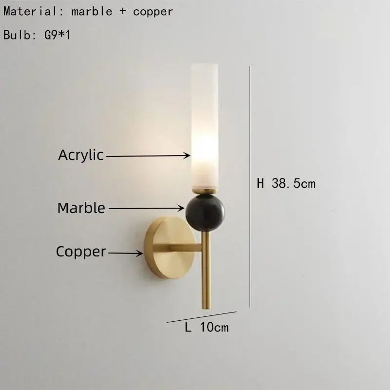 Modern brass and black decorbites foyer hallway lamp with brass copper base, black marble sphere, and frosted acrylic diffuser