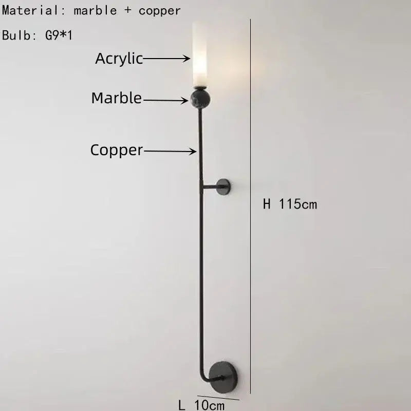 Modern brass and black decorbites foyer hallway lamp with black marble and copper wall sconce and acrylic diffuser