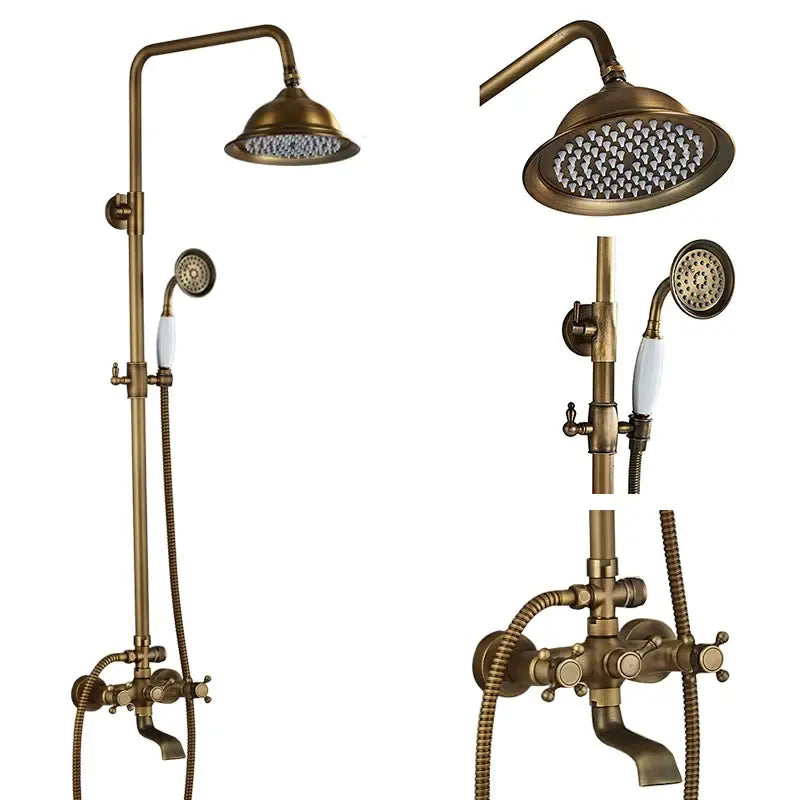 Antique brass finished shower faucet set with dual handle, fixed rainhead, and handheld sprayer with ceramic handles