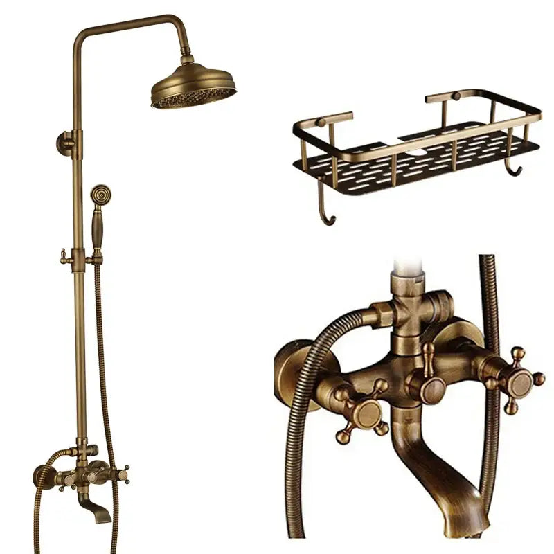 Antique brass-finished shower faucet set with dual handle cross knobs, adjustable rainhead, and handheld sprayer for bathroom use