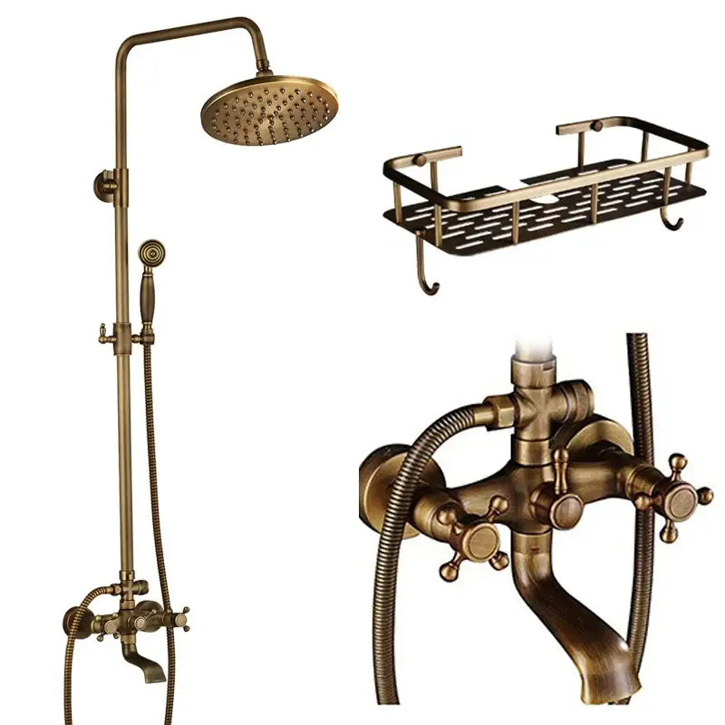 Brass-finished vintage-style shower faucet set with dual handle, tall rainhead, handheld sprayer, and wall-mounted faucet