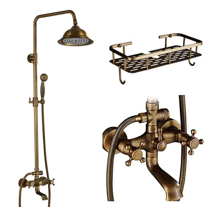 Antique brass-finished dual handle shower faucet set with tall overhead rainhead and handheld sprayer for bathroom use