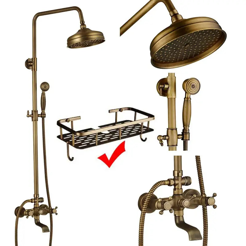 Modern brass and black dual handle shower faucet set with brass-finished shower caddy and black perforated metal grid