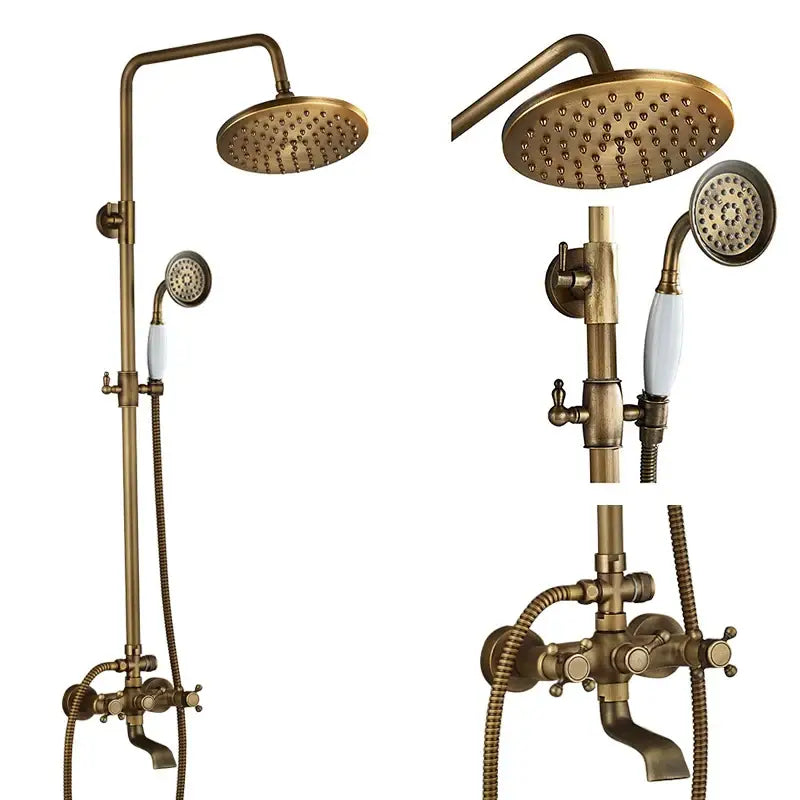 Modern brass and black dual handle shower faucet set with brass-finished vintage style rainhead and white ceramic handles