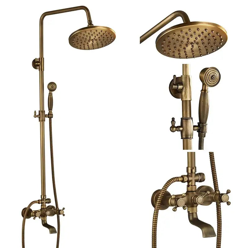 Modern brass and black dual handle shower faucet set with round rainhead and handheld spray nozzle for bathroom use