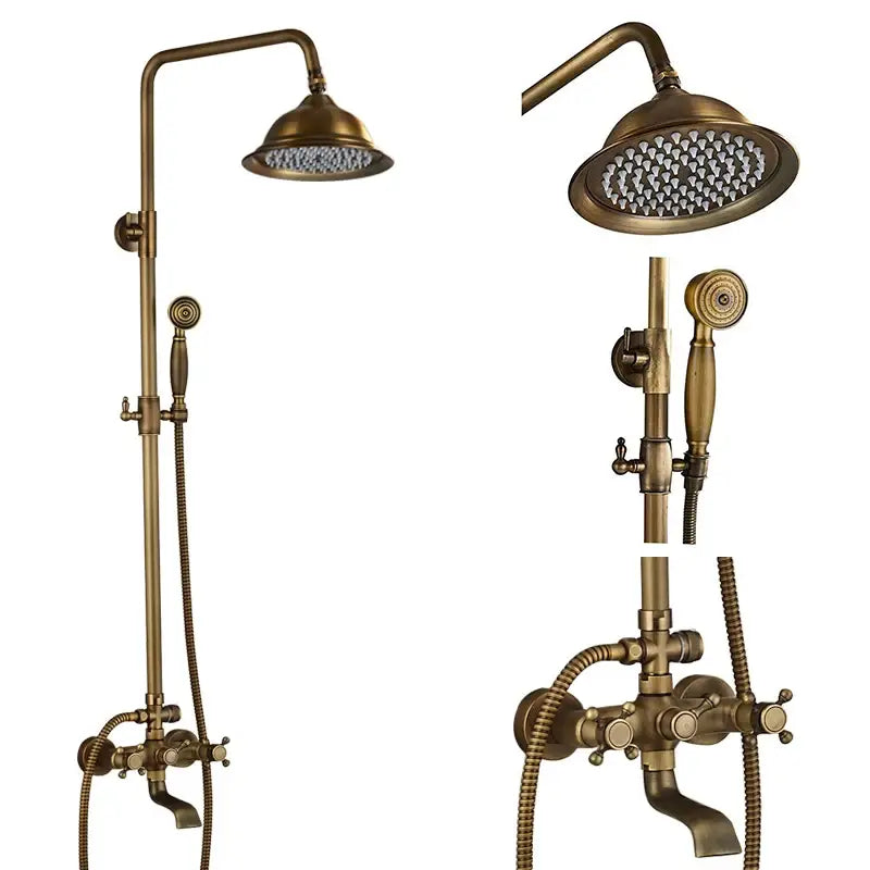 Antique brass-finished dual handle shower faucet set with fixed rainhead and handheld spray for modern bathroom