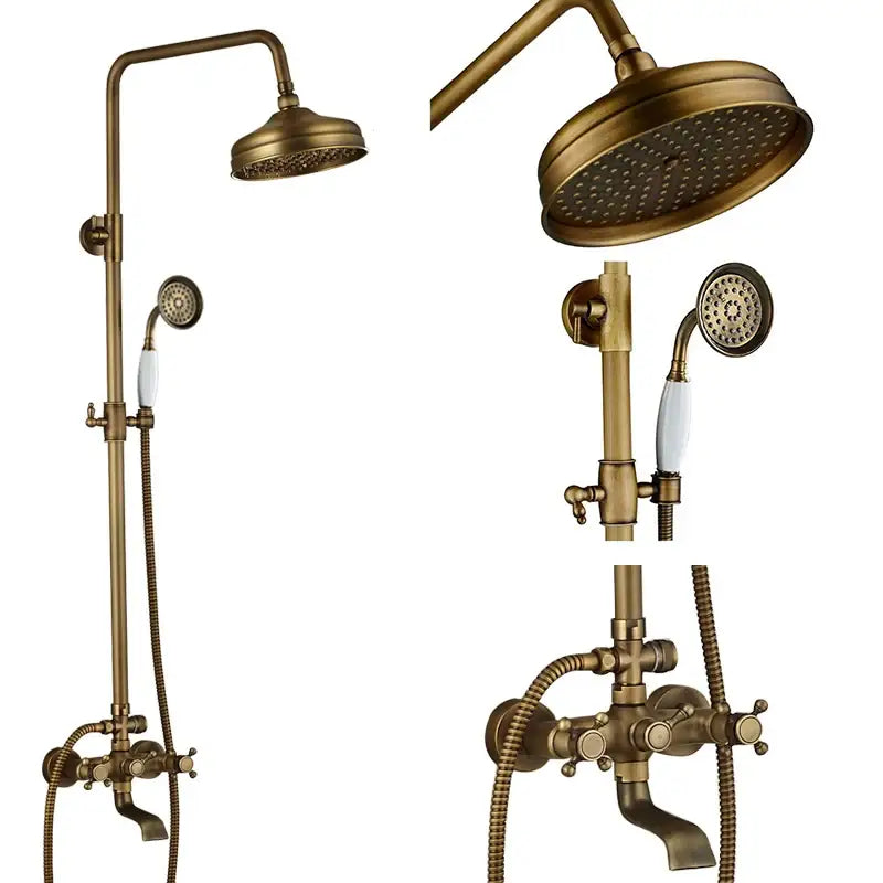 Antique brass-finished shower faucet set with dual handle mixer valve and white ceramic handheld spray nozzle