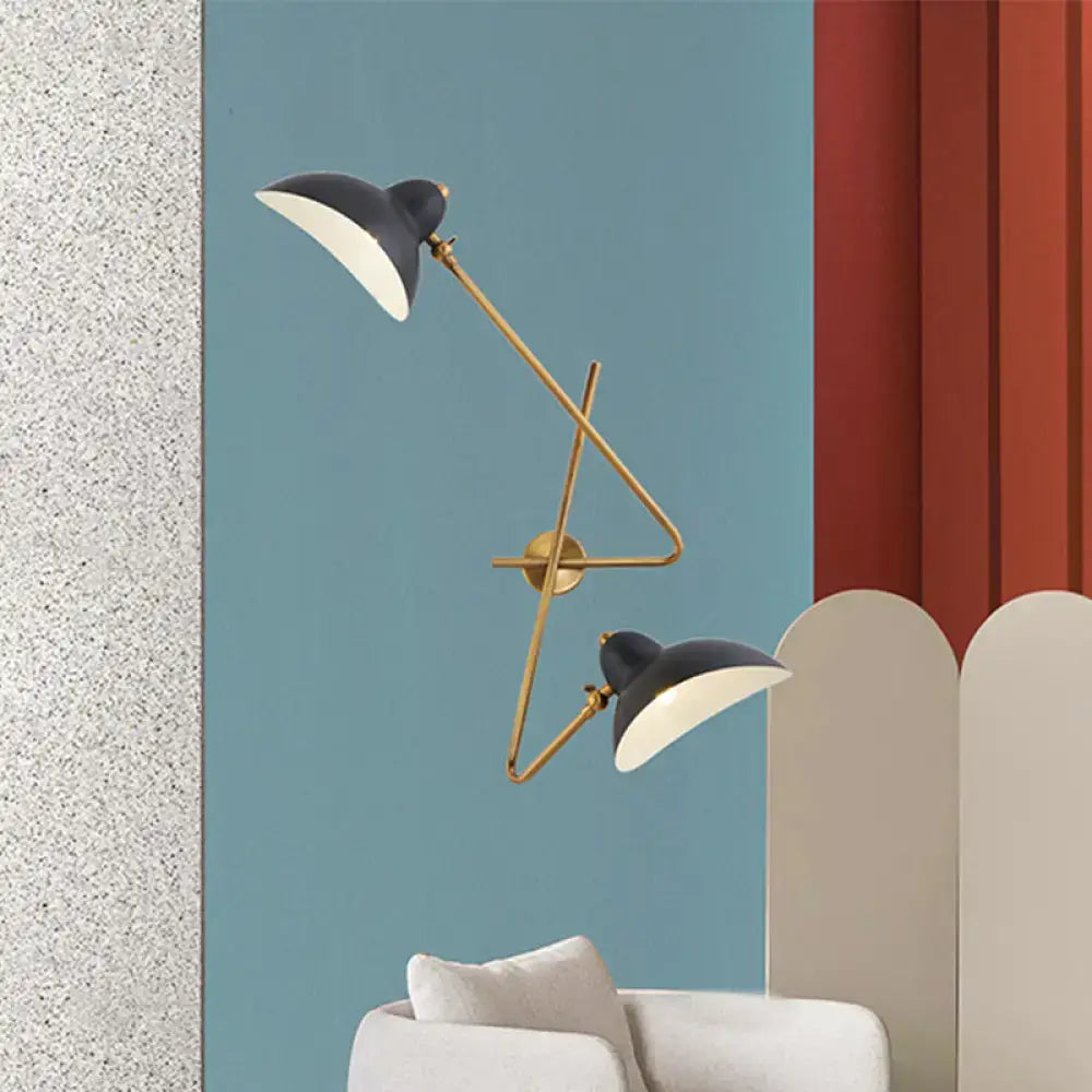 Modern brass and black duckbill wall sconce lamp with two conical shades for living room metal duckbill wall fixture