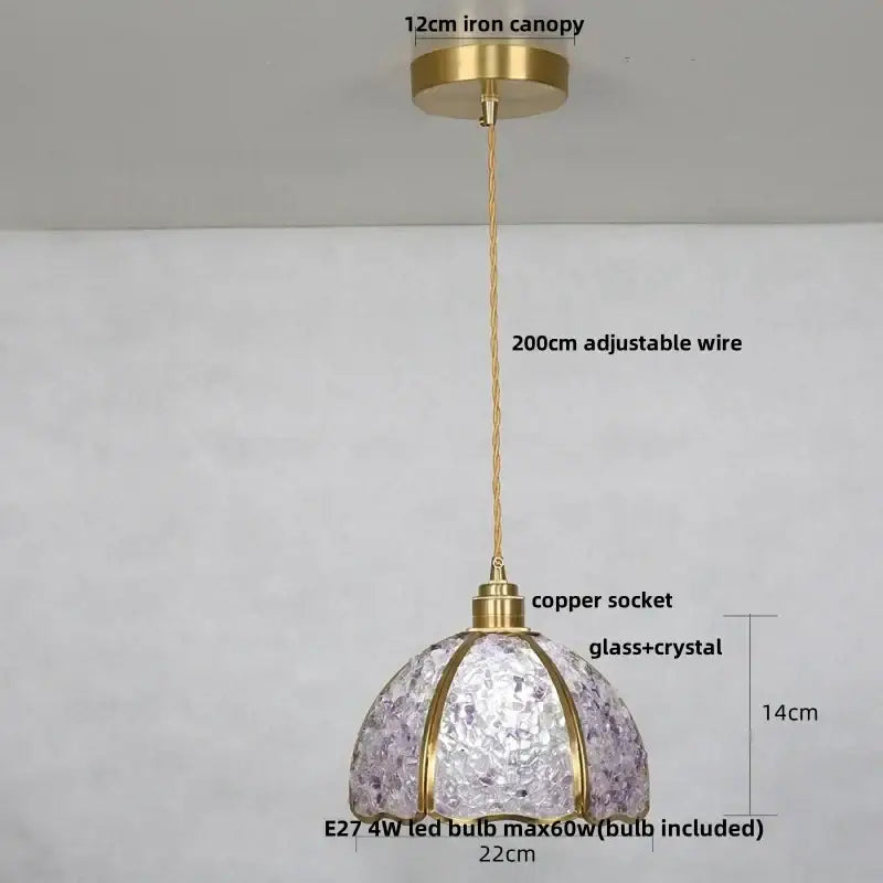 Modern brass and blue glass crystal led pendant light with lavender dome-shaped glass crystal led shade and adjustable brass canopy