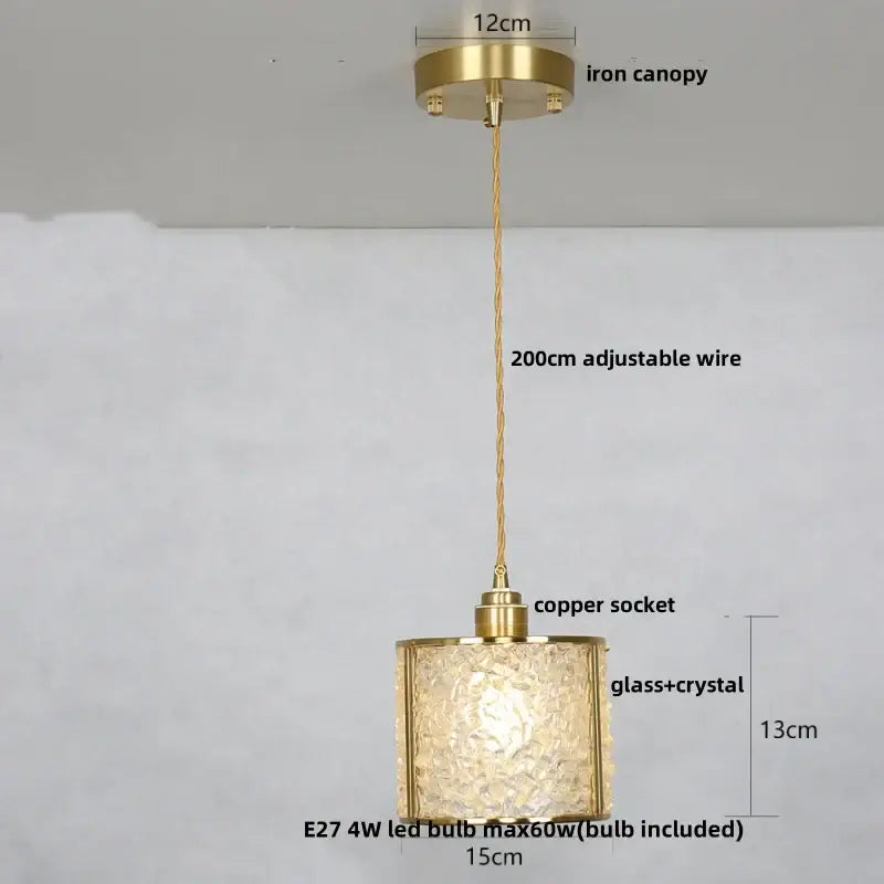 Modern brass and blue glass crystal led pendant light with textured shade and adjustable wire for kitchen lighting