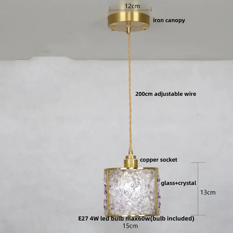 Modern brass and blue glass crystal led pendant light with gold-toned cylindrical glass crystal led shade and iron canopy