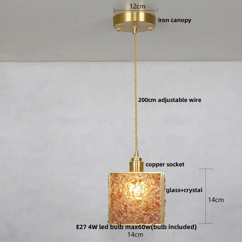 Modern brass and blue glass crystal led pendant light with gold-toned square crystal led pendant shade and copper wire suspension