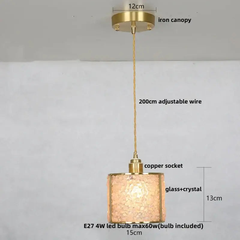 Modern brass and blue glass crystal led pendant light with gold-toned textured glass crystal led shade and adjustable copper wire suspension