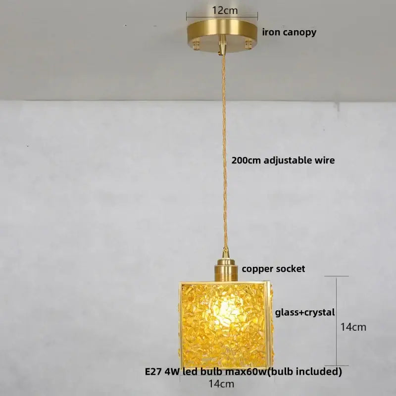 Golden square pendant light with glass crystal led shade, brass canopy, copper socket, and adjustable 200cm wire for kitchen