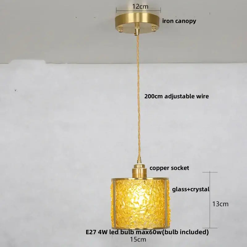 Modern brass and blue glass crystal led pendant light with golden glass crystal, brass canopy, and copper socket