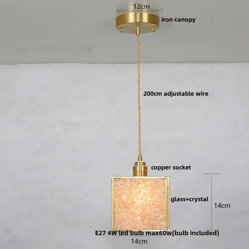 Modern brass and blue glass crystal led pendant light with gold-toned frame and textured shade for warm ambient lighting