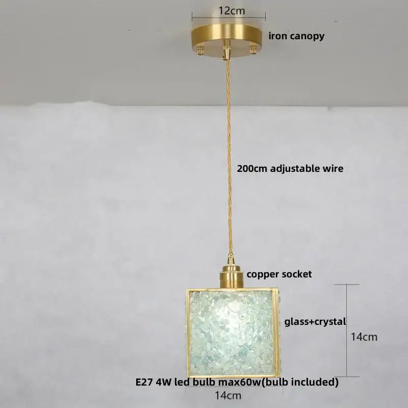 Modern brass and blue glass crystal led pendant light with frosted glass and crystal accents for kitchen lighting