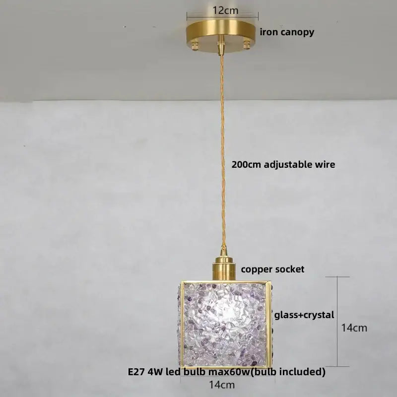 Square pendant light with brass iron canopy copper socket and lavender glass crystal led shade for modern kitchens