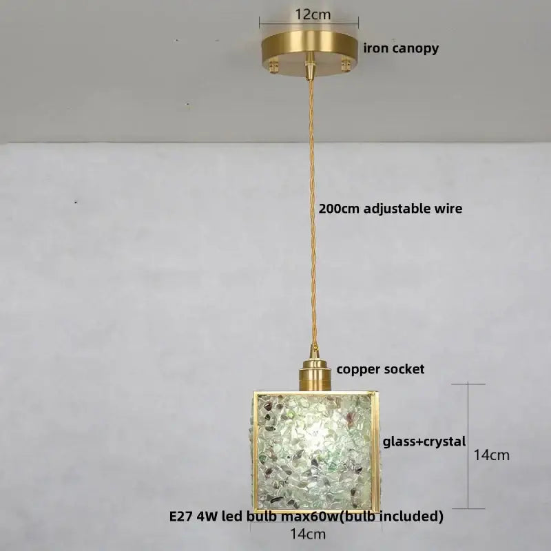 Modern brass pendant light featuring a square mosaic of clear and green glass crystal led for kitchen use