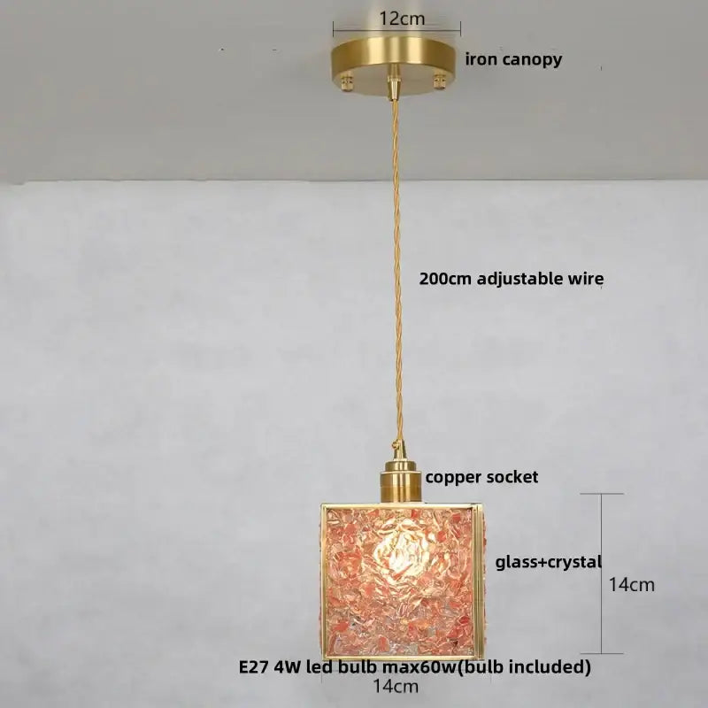 Modern brass and blue glass crystal led pendant light with textured amber glass crystal led shade and brass frame