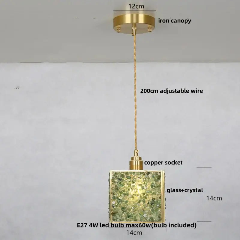Modern brass and blue glass crystal led pendant light with green glass crystal led shade and 200cm adjustable wire