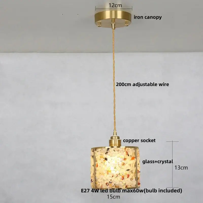 Modern brass and blue glass crystal led pendant light with a warm-toned mosaic shade for kitchen lighting