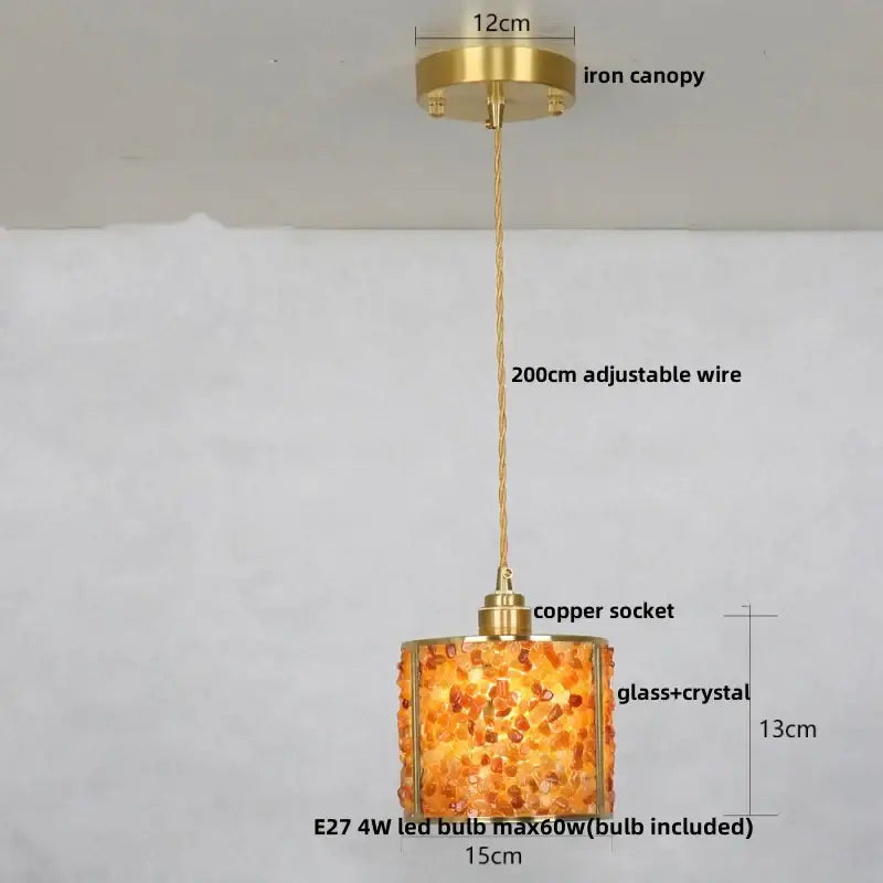 Modern brass and blue glass crystal led pendant light with amber glass crystal led shade and adjustable wire canopy