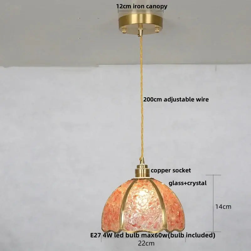 Modern brass and amber glass crystal led pendant light with iron canopy ideal for kitchen lighting decor