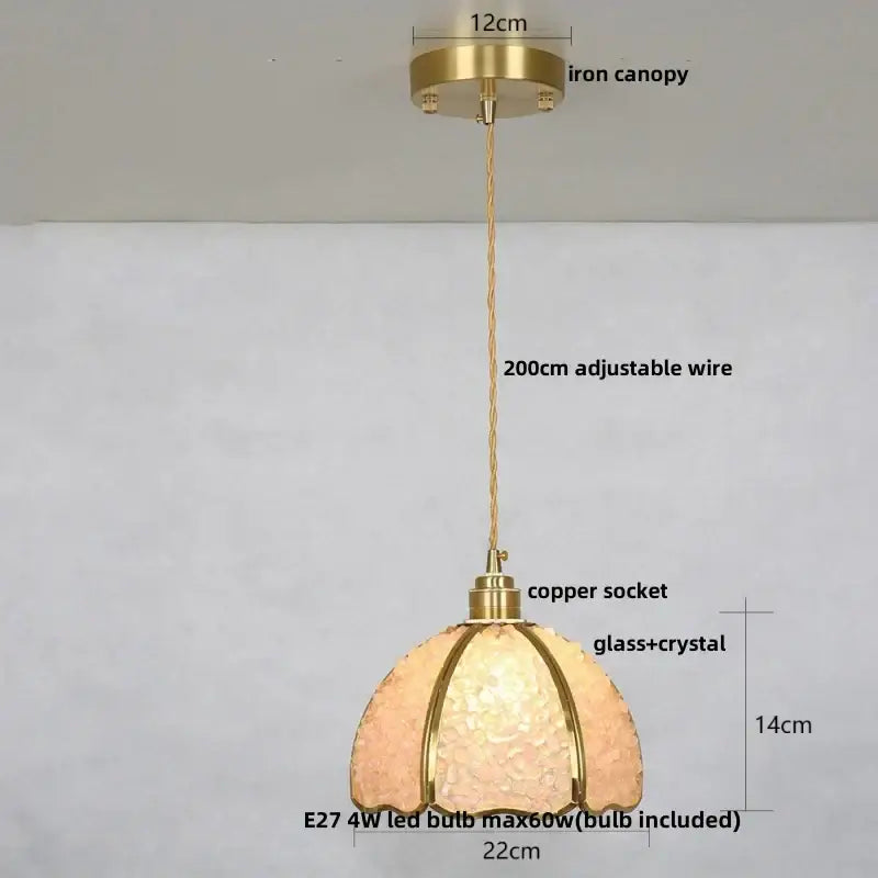 Modern brass and blue glass crystal led pendant light with scalloped glass and copper socket for kitchen use