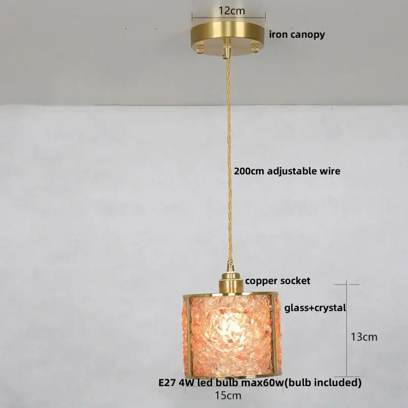 Modern brass and blue glass crystal led pendant light with warm-toned textured glass and adjustable copper wire suspension