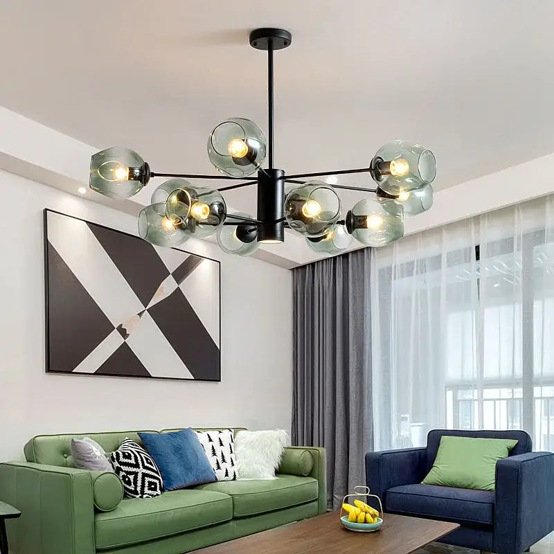 Modern black metal iron ball chandelier with multiple translucent glass globe shades for dining room lighting