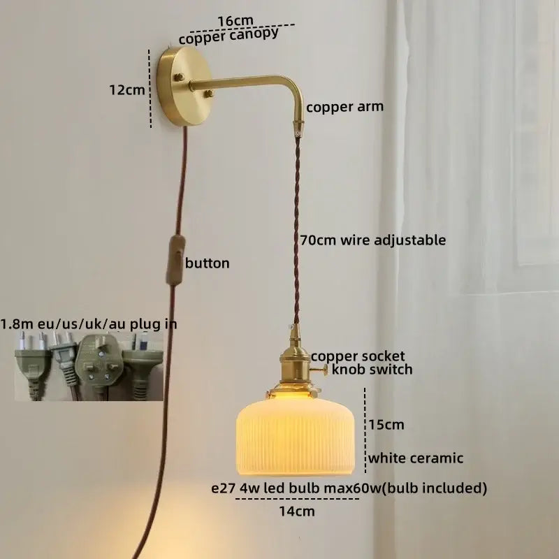 Modern brass and ceramic copper led wall lamp with ribbed white ceramic shade and adjustable 70cm wire by decorbites
