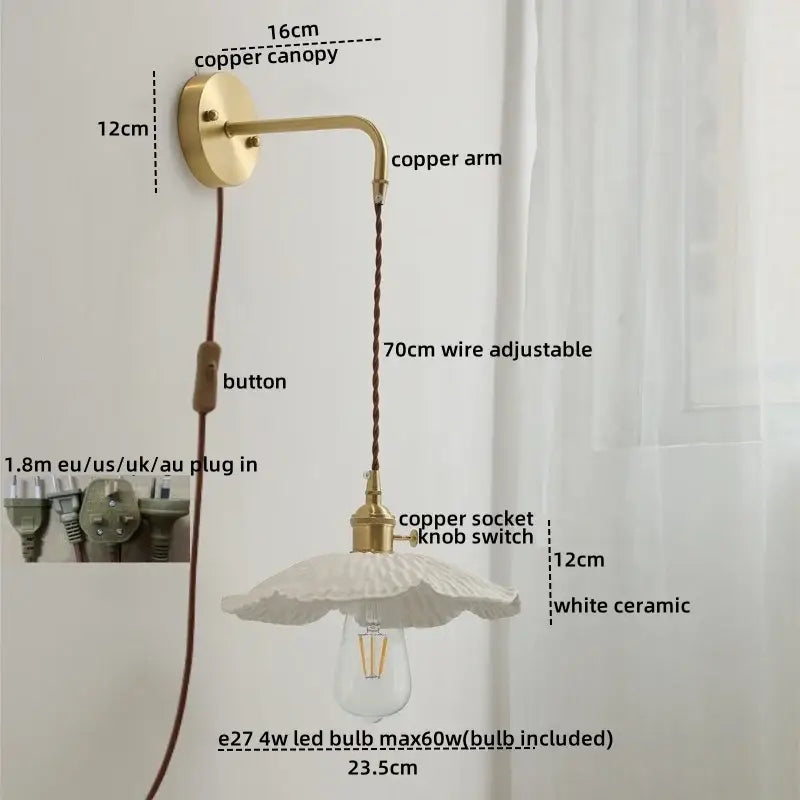 Modern brass and ceramic copper led wall lamp with curved arm white ceramic shade and adjustable 70cm wire by decorbites