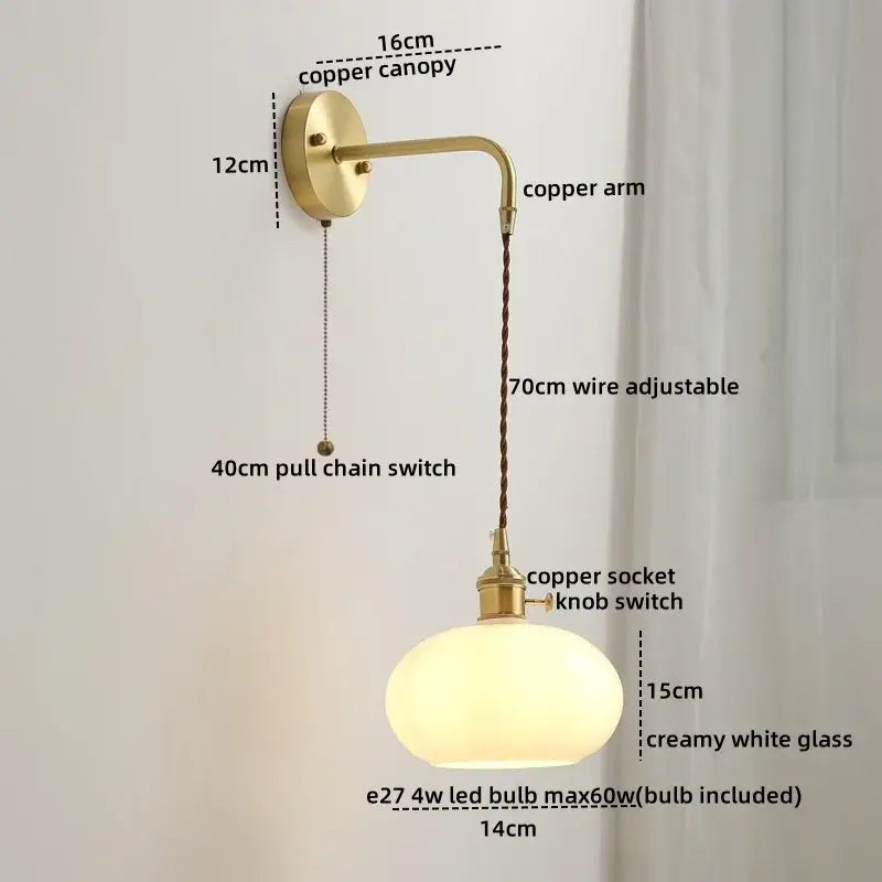 Modern brass and ceramic copper led wall lamp with vintage copper sconce, cream glass shade, and adjustable height wire