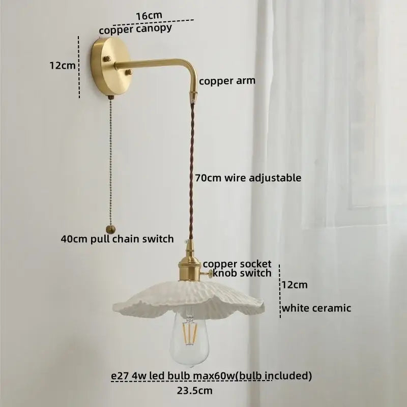 Modern brass and ceramic copper led wall lamp with adjustable wire and white ceramic shade for bedroom decorbites ceramic copper