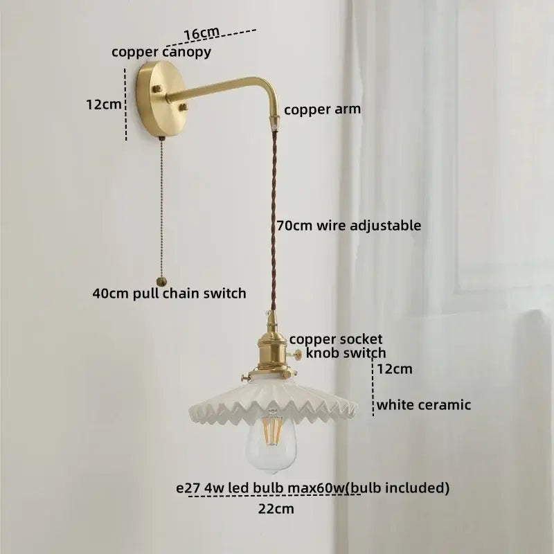 Modern brass and ceramic copper led wall lamp with adjustable wire and white scalloped ceramic shade for bedroom decorbites