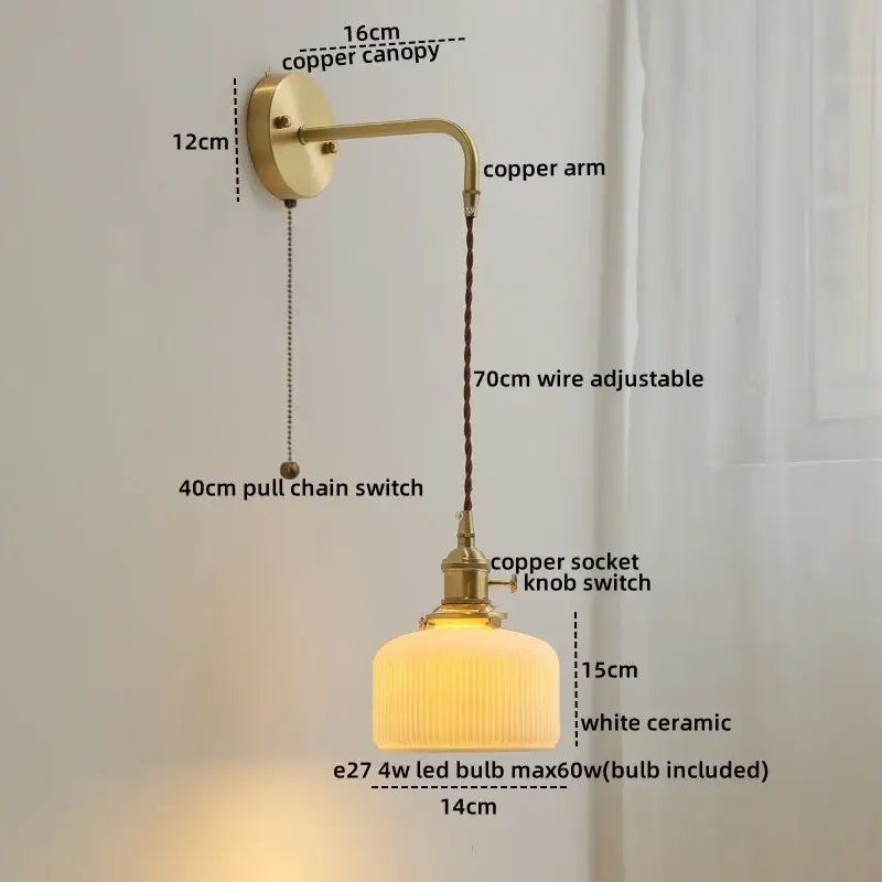 Vintage-style modern brass and ceramic copper led wall lamp with white ceramic copper decorbites ceramic copper lampshade