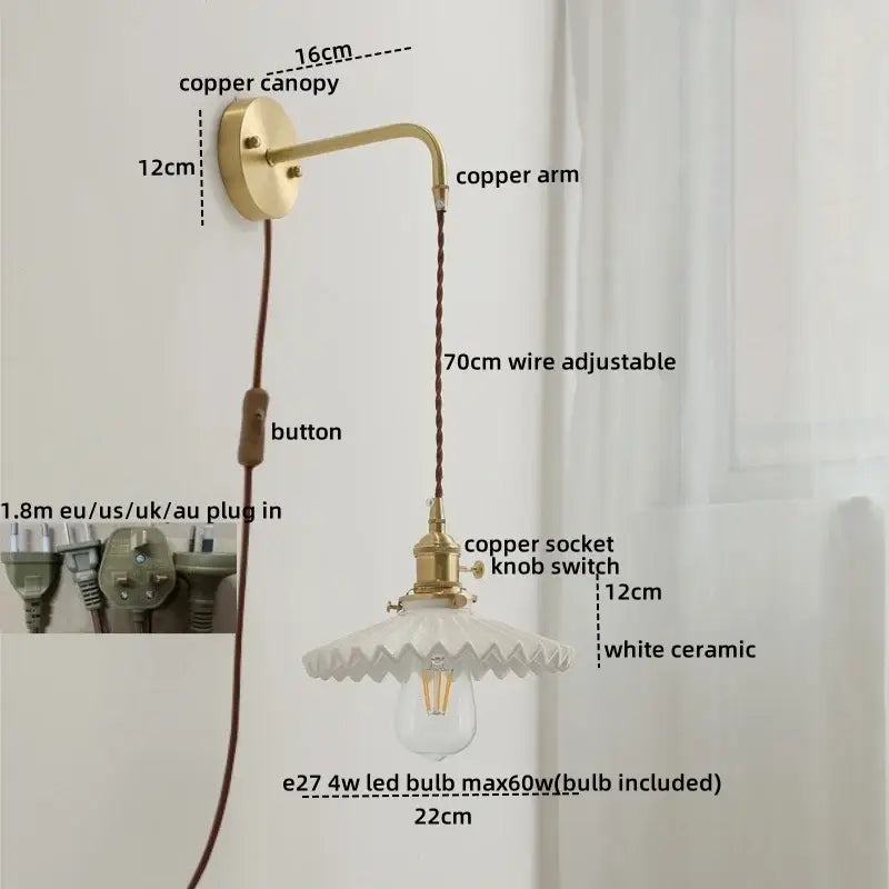 Modern brass and ceramic copper led wall lamp with adjustable wire and scalloped white ceramic shade for bedroom decorbites
