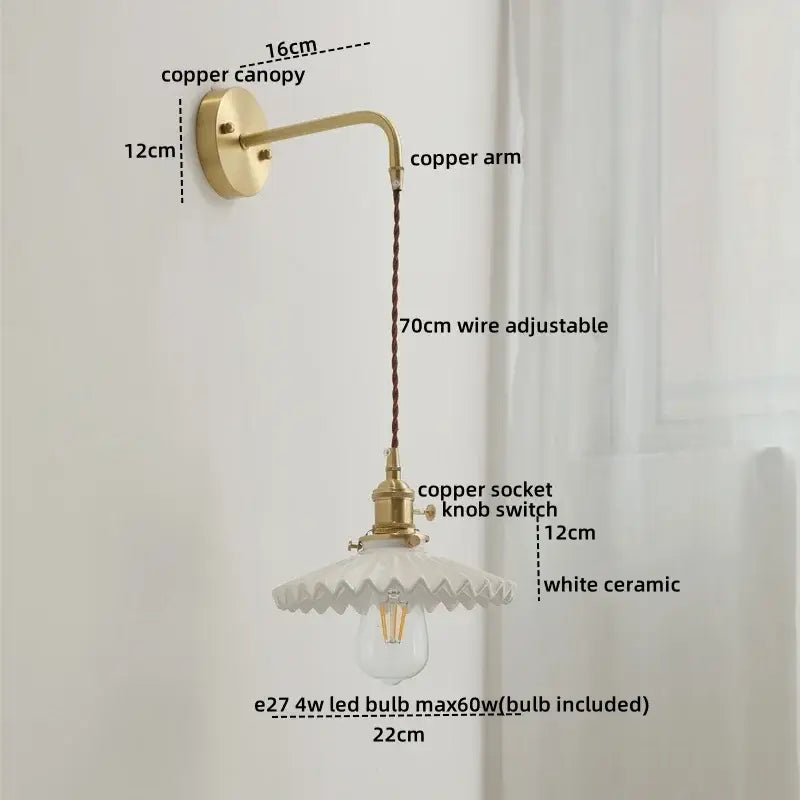 Modern brass and ceramic copper led wall lamp with adjustable wire suspension and white ceramic shade for bedroom decorbites ceramic copper