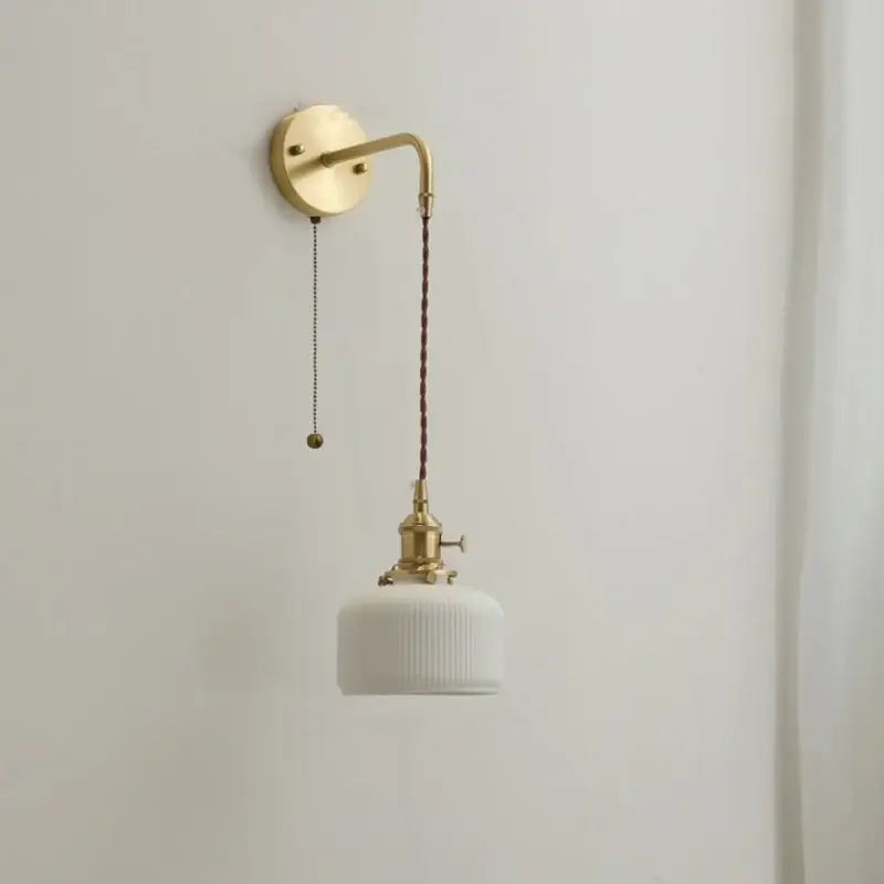 Modern brass and ceramic copper led wall lamp with white ribbed ceramic shade and brass arm for bedroom decorbites ceramic copper