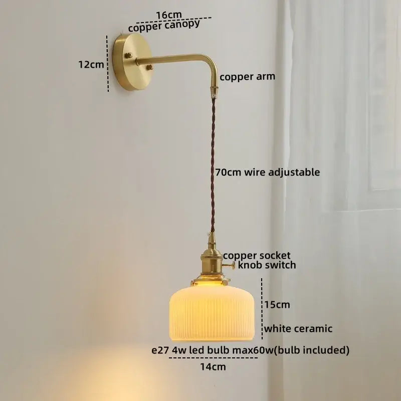 Modern brass and ceramic copper led wall lamp with a warm-toned vintage design and adjustable white ceramic shade for bedroom decorbites