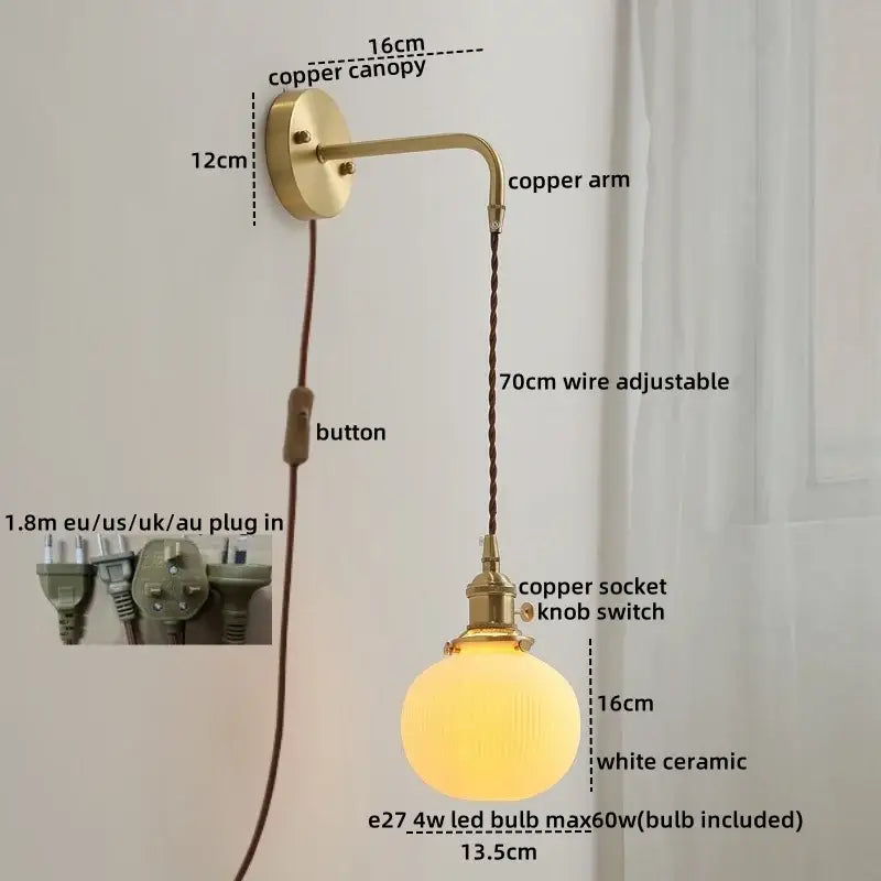 Modern brass and ceramic copper led wall lamp with warm white globe and adjustable 70cm wire for bedroom decorbites ceramic copper